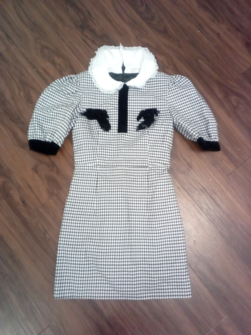 Alessandra Rich Black-and-White Gingham Puff-Sleeve Mini Dress